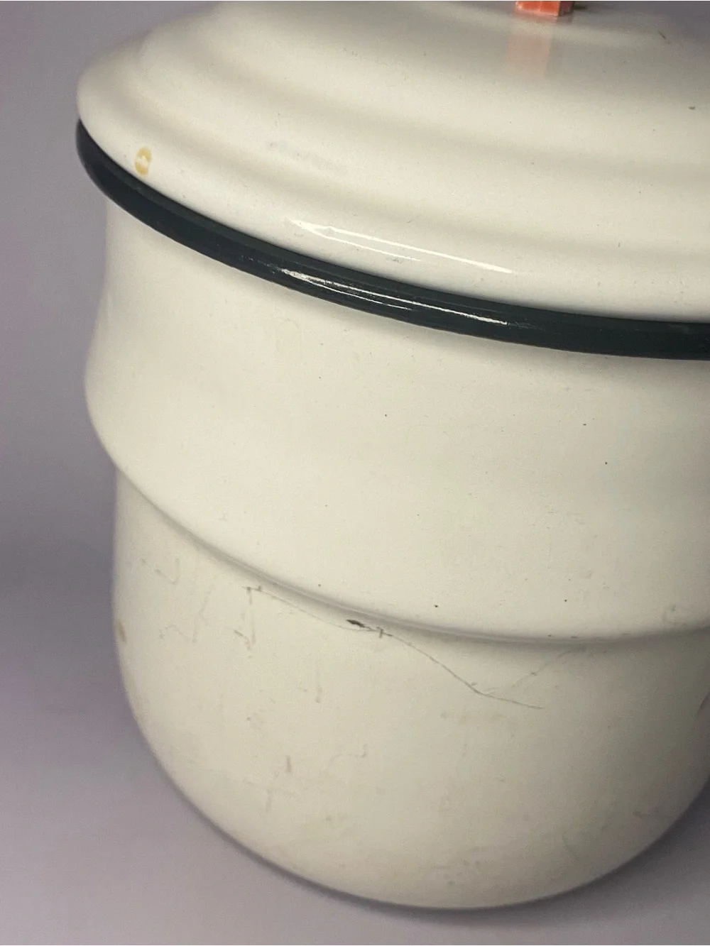 Vintage White Enamel Saucepan with Black Handle and Orange Knob